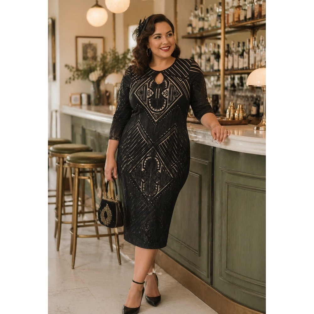 Bold Elements Cut to Curve Black Art Deco Geometric Burnout Midi Dress XL
